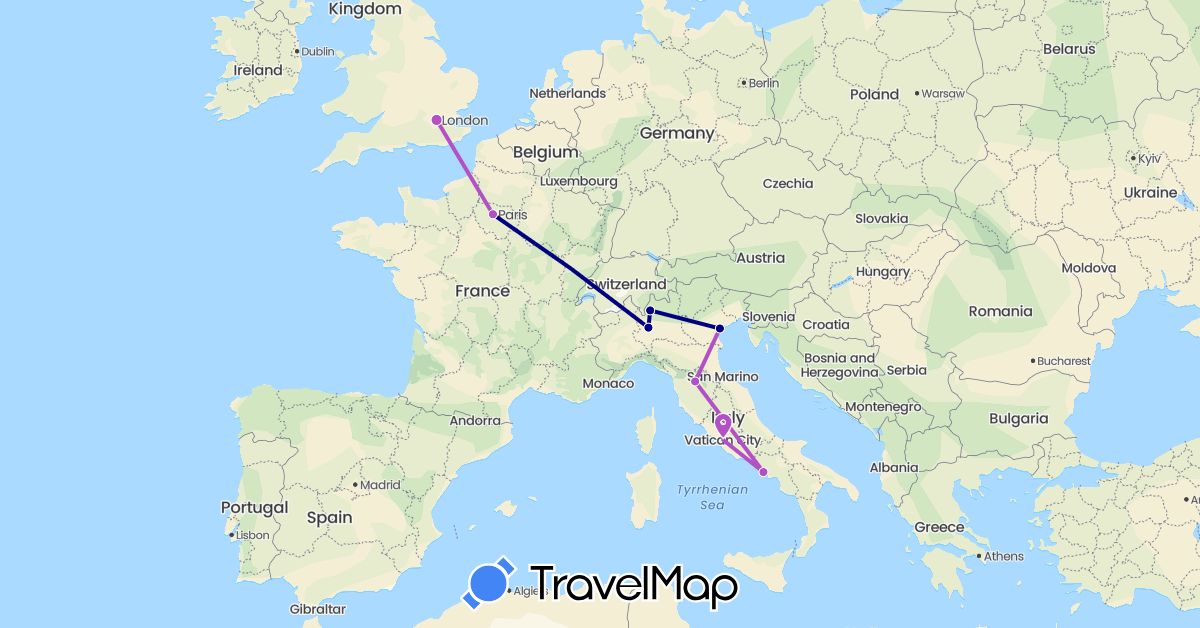 TravelMap itinerary: driving, train in France, United Kingdom, Italy (Europe)